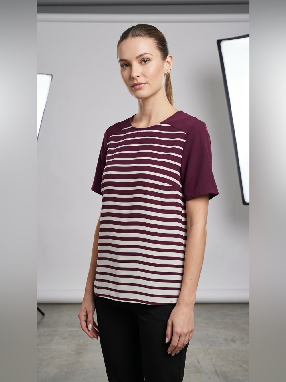 Calvin Klein Burgundy and Cream Striped Short-Sleeve Top